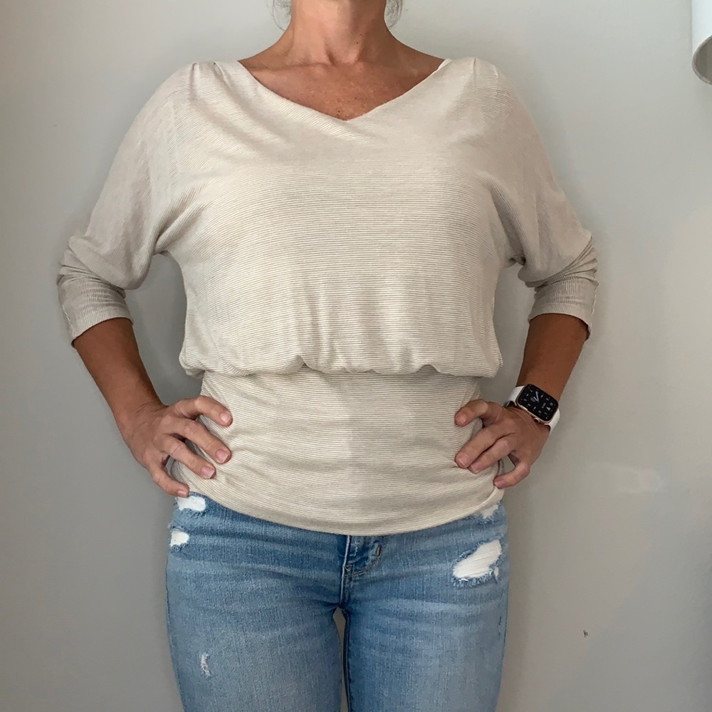 WHBM khaki and white striped shirt